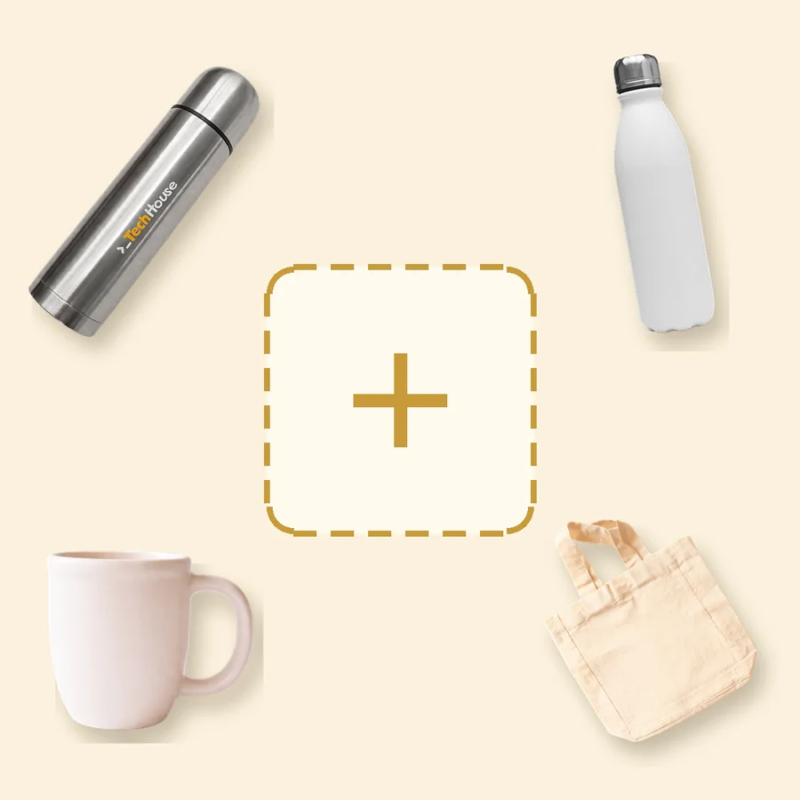 Armá tu propio box: elegís lo que va adentro (termo, botella, taza o bolsa de lienzo) y lo armamos con tu tarjeta y tu logo
